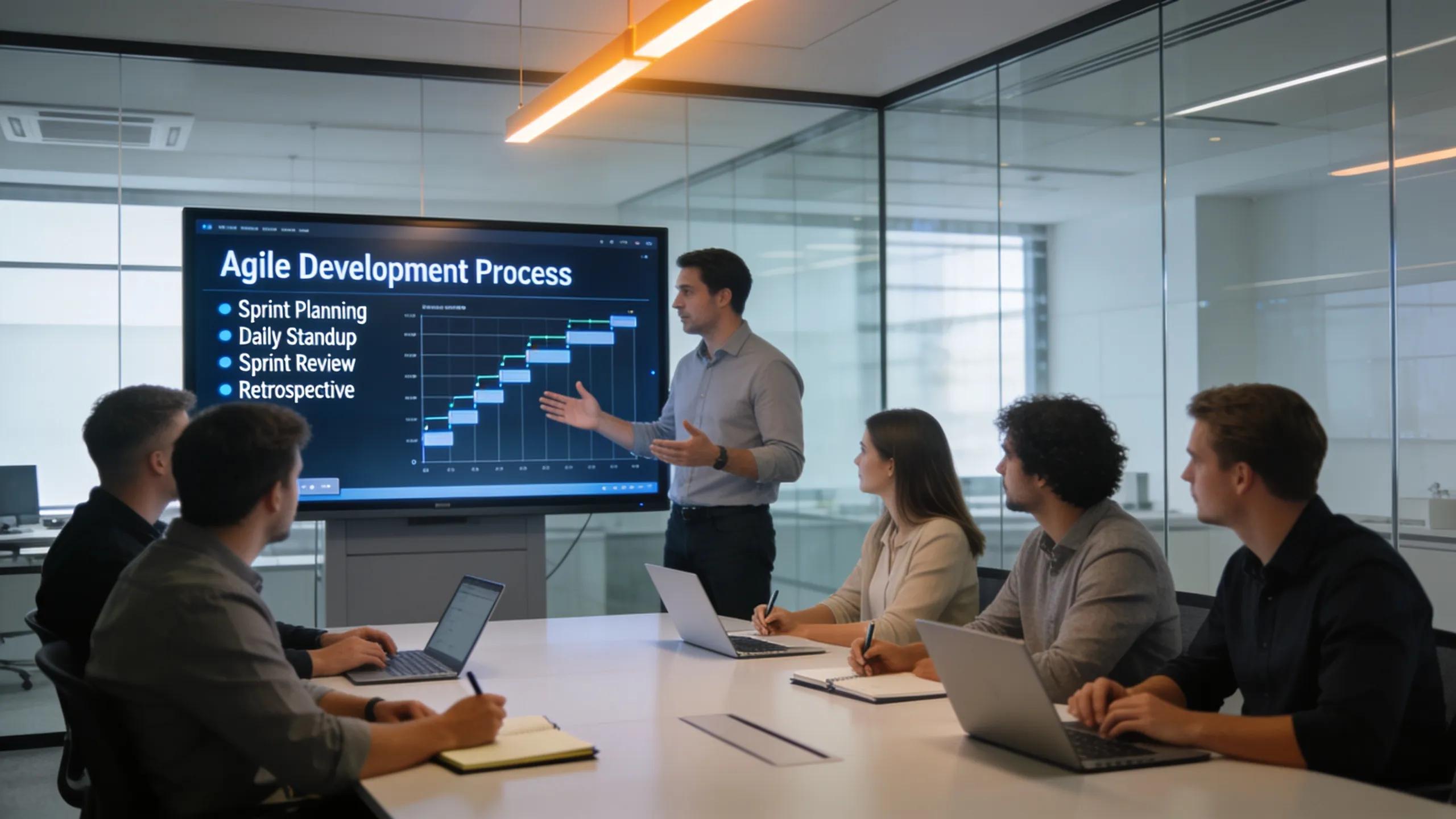 Discussion on the software development process, illustrating teamwork and structured workflow in Vienna