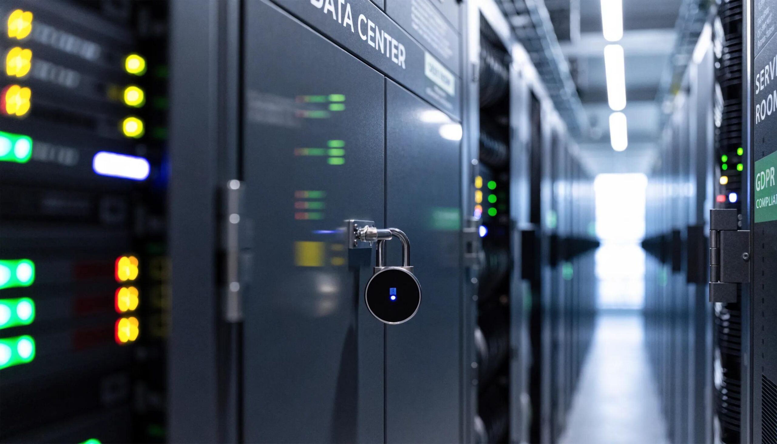 Lock on a server cabinet symbolizing data security and GDPR compliance in managed hosting