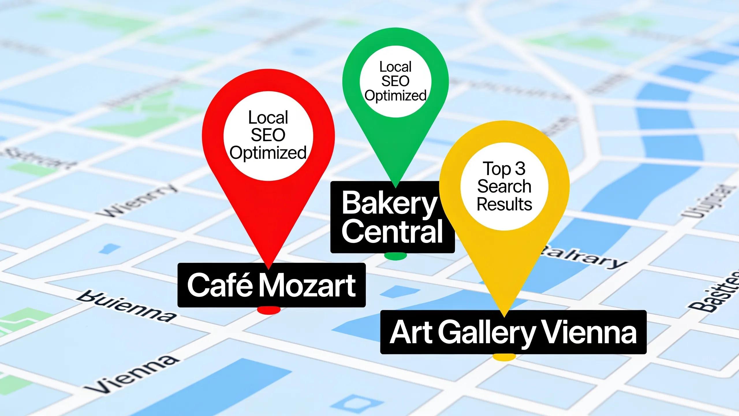 Map of Vienna showing local businesses, emphasizing local SEO services for better visibility