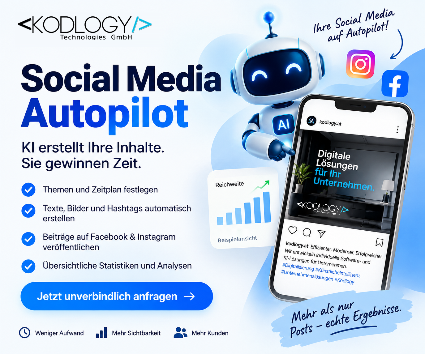 Social Media Autopilot für Facebook & Instagram | Kodlogy, Social Media Autopilot, Social Media automatisieren, Facebook automatisch posten, Instagram automatisch posten, KI Content Erstellung