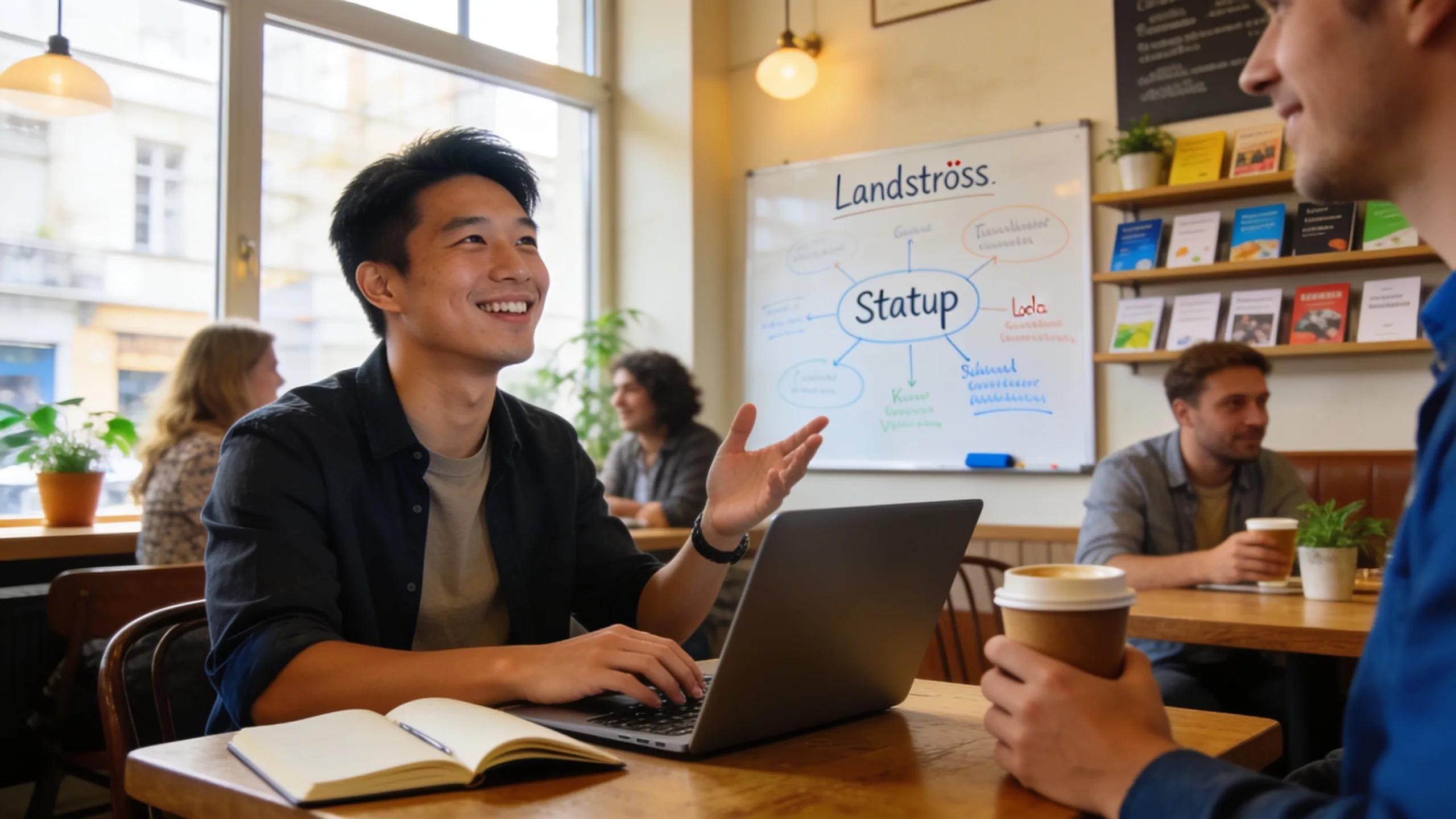 Entrepreneur in a café in Landstraße Vienna working on managed hosting solutions for startups